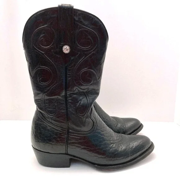 Montana Western Cowboy Boots Mens 7.5 E Bull Hide Leather Black Emboidered - Picture 1 of 11